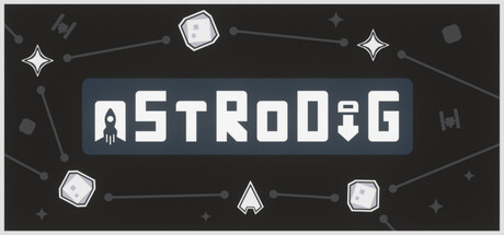 AstroDig logo in a blocky retro font surrounded by minimalist icons of dice, ships, and stars against a black starfield