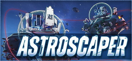 AstroScaper logo art showing a domed space colony and industrial structures built across a small asteroid against a starfield