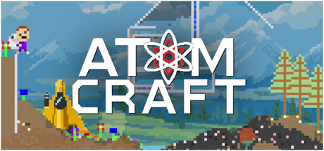 Header art for Atomcraft showing a pixel-art crashed spaceship on an alien planet surrounded by glowing chemical elements