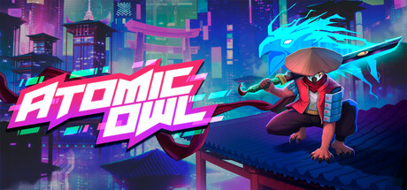 Key art for Atomic Owl, showing owl ninja Hidalgo Bladewing crouched on a rooftop above a neon cityscape