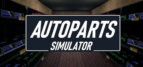 Key art showing the blocky AutoParts Simulator logo over a blurred background of a warehouse aisle lined with parts boxes