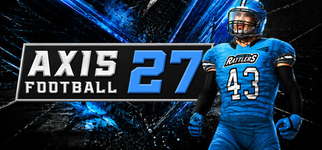 Axis Football 2027 key art showing a Rattlers player in a blue uniform beside the bold Axis Football 27 wordmark