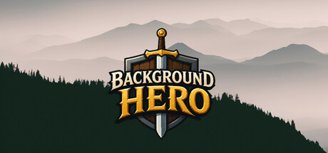The Background Hero logo, a shield-and-sword emblem over the game's title text, set against a hazy forest-and-mountain backdrop at dusk