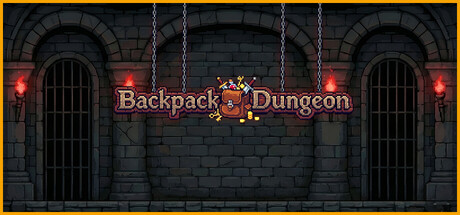 The Backpack Dungeon logo above a torch-lit dungeon gate