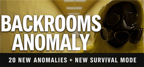 BACKROOMS ANOMALY key art showing a figure in a yellow hazmat suit and gas mask in a yellow-lit corridor, with text reading 20 New Anomalies plus New Survival Mode