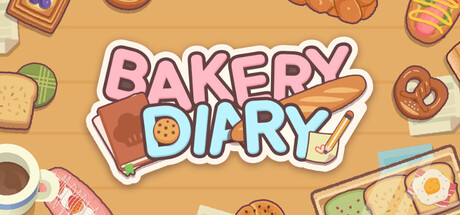Key art for BakeryDiary showing the game's logo surrounded by illustrated bread, pastries and a recipe diary