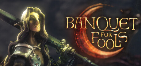 Key art for Banquet for Fools showing a Volling guard holding a polearm beside the game's crescent-moon logo