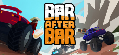 Bar After Bar key art with a red and a blue monster truck facing off in front of the game's logo on a snowy mountainside