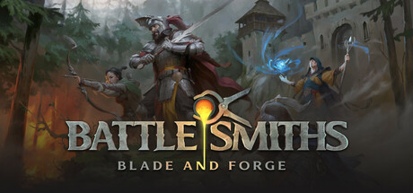 Battlesmiths: Blade and Forge key art showing an armoured knight, an archer, and a staff-wielding mage before a castle