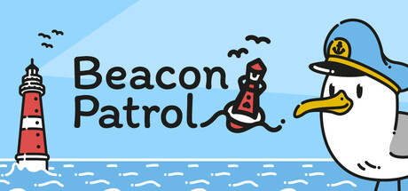 Beacon Patrol key art, a lighthouse and a Coast Guard captain seagull over the North Sea