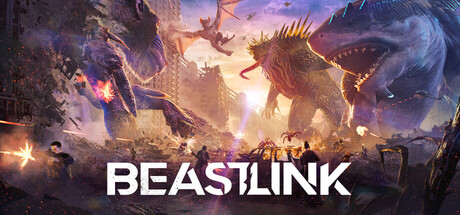 Key art for BeastLink showing several giant Beasts, including a winged dragon-like creature, battling above a ruined, burning city
