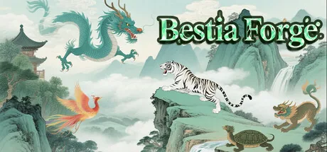 Bestia Forge key art, showing a dragon, tiger, phoenix and turtle above misty mountains