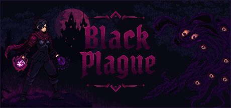 Black Plague key art showing a cloaked character standing before a distant castle silhouette, beside a mass of writhing dark tendrils dotted with glowing eyes