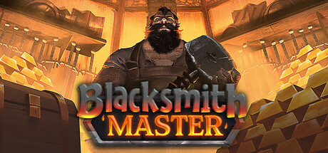 Key art for Blacksmith Master, showing a burly blacksmith standing in front of a glowing forge