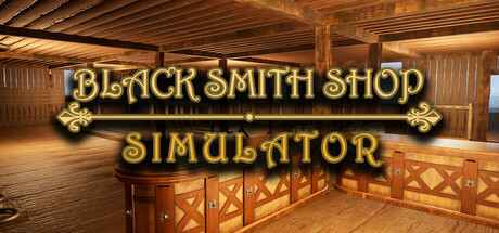 Key art for Blacksmith Shop Simulator showing the game's title lettering over a wooden shop interior with counters and window shutters