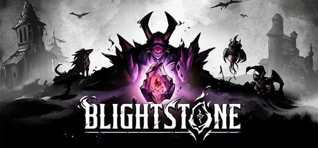 Key art for Blightstone showing a glowing crystal surrounded by silhouetted monsters and adventurers before a gothic ruin