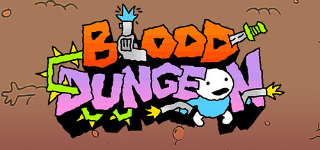 Stylised graffiti-style logo art for Blood Dungeon showing the game's title in blocky letters beside a baby-faced character holding a shotgun