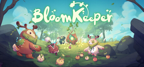 The BloomKeeper logo above a group of small round Pouic creatures gathered in a sunlit forest clearing