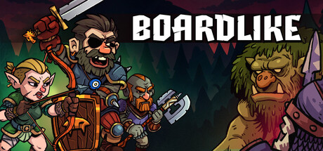 Hand-drawn key art for Boardlike showing an armored party of heroes facing off against a hulking orc and goblin