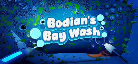 Header art for Bodian's Bay Wash showing the game's bubbly white title lettering over a barnacle-and-algae-covered underwater surface, with a pressure washer and a scraper tool visible in the lower corners against a deep blue backdrop