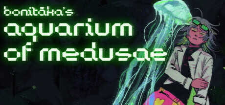 The bonitāka's aquarium of medusae logo in glowing green pixel text beside an illustrated marine biologist character with a glowing jellyfish overhead
