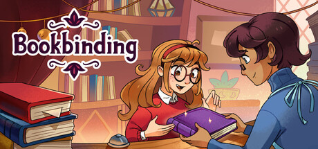 Header art for Bookbinding - Dark Cozy Sim showing a bookshop owner handing a finished purple-covered book to a customer over a cluttered desk