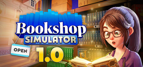 Key art for the Bookshop Simulator 1.0 release, showing a store clerk browsing an open book in front of tall bookshelves
