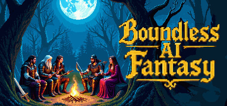 Pixel-art key art of five hooded and armored travelers seated around a campfire under a full moon in a dark forest, beside the Boundless AI Fantasy logo