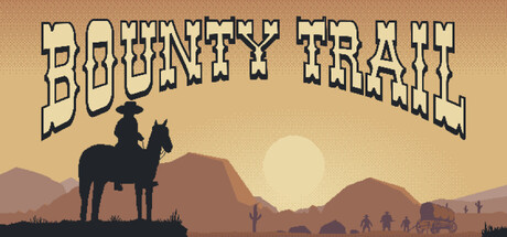 Bounty Trail key art showing a silhouetted rider on horseback facing a desert sunset with a wagon and figures in the distance