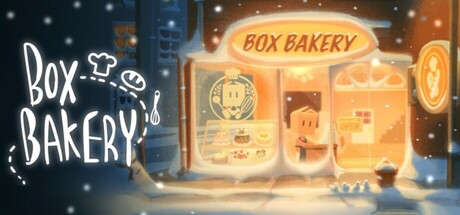 Snow falls outside the glowing storefront of Box Bakery at night