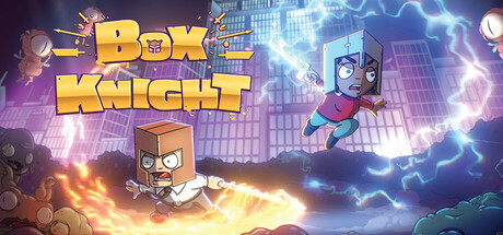 Box Knight key art showing a boxy-armoured hero and a colleague leaping through a storm above a city skyline