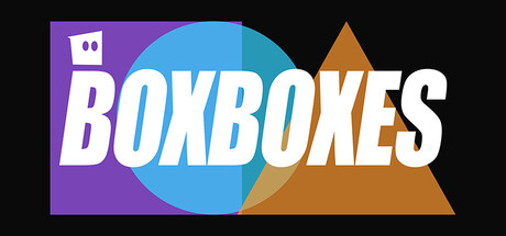 Header art for BoxBoxes showing a small white box character with dot eyes over a purple square, a blue circle, and an orange triangle overlapping behind the game's bold white title lettering, all against a black background