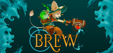 Brew key art, a rat alchemist in a wide-brimmed hat wielding a potion gun against a teal background