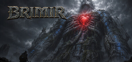 Brimir key art showing the game's logo beside a glowing red heart embedded in a stone monument