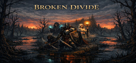 Painted key art of a four-person adventuring party wading through a swamp at sunset, framed by dead trees