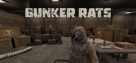 Bunker Rats title art with a gas-masked survivor standing amid crates in a storage room