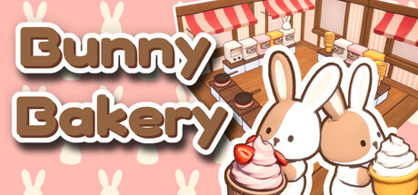 BunnyBakery logo art beside two cartoon rabbits holding sweets outside a striped-awning bakery stall
