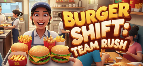 Burger Shift: Team Rush key art showing a smiling server holding a tray of burgers and fries in a bustling kitchen