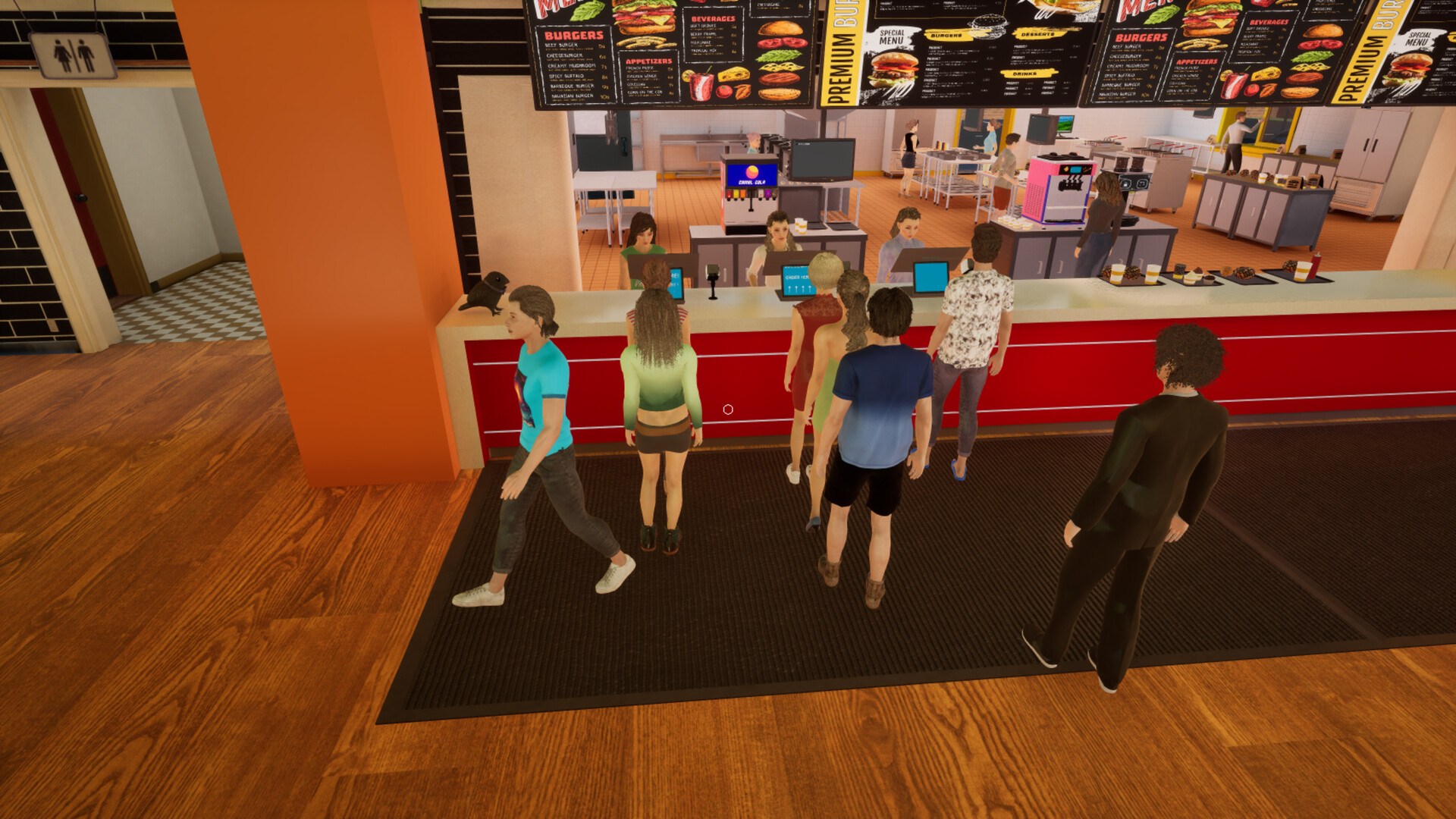 A line of customers queued at a dine-in counter under overhead menu boards, with staff working registers, a soda fountain and a soft-serve machine behind them