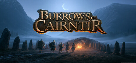 Burrows of Cairntir logo above a group of travelers approaching a glowing dungeon entrance within a ring of standing stones, under a moonlit sky
