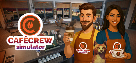 Key art for Cafe Crew Simulator, showing two baristas and a cat mascot holding coffee cups beside the game's logo