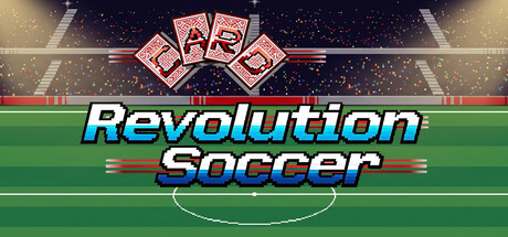 Pixel-art key art of playing cards fanning out above the Card Revolution Soccer logo on a stadium pitch