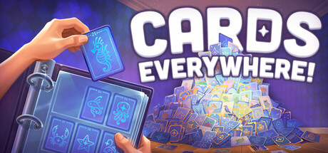 Cards Everywhere! key art showing a hand placing a card into an album beside a large scattered pile of collectible cards