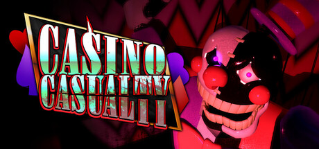 Header art for Casino Casualty showing the game's logo beside a grinning, cracked-faced robotic clown animatronic