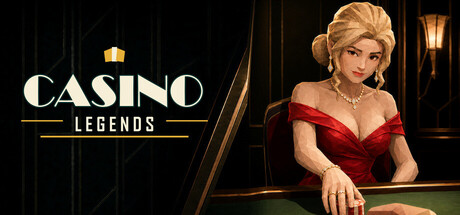 Casino Legends key art showing a glamorous dealer in a red dress leaning on a card table beside the game's logo