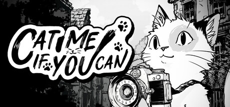 Comic-style black-and-white key art of a cat holding a camera beside the Cat Me If You Can logo