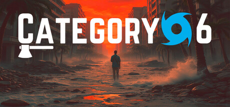 Key art for Category 6 showing a storm-damaged coastal town under a dark hurricane sky