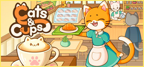 Cats & Cups key art showing a cheerful cat barista carrying a croissant past a latte with a paw-print heart on its cup