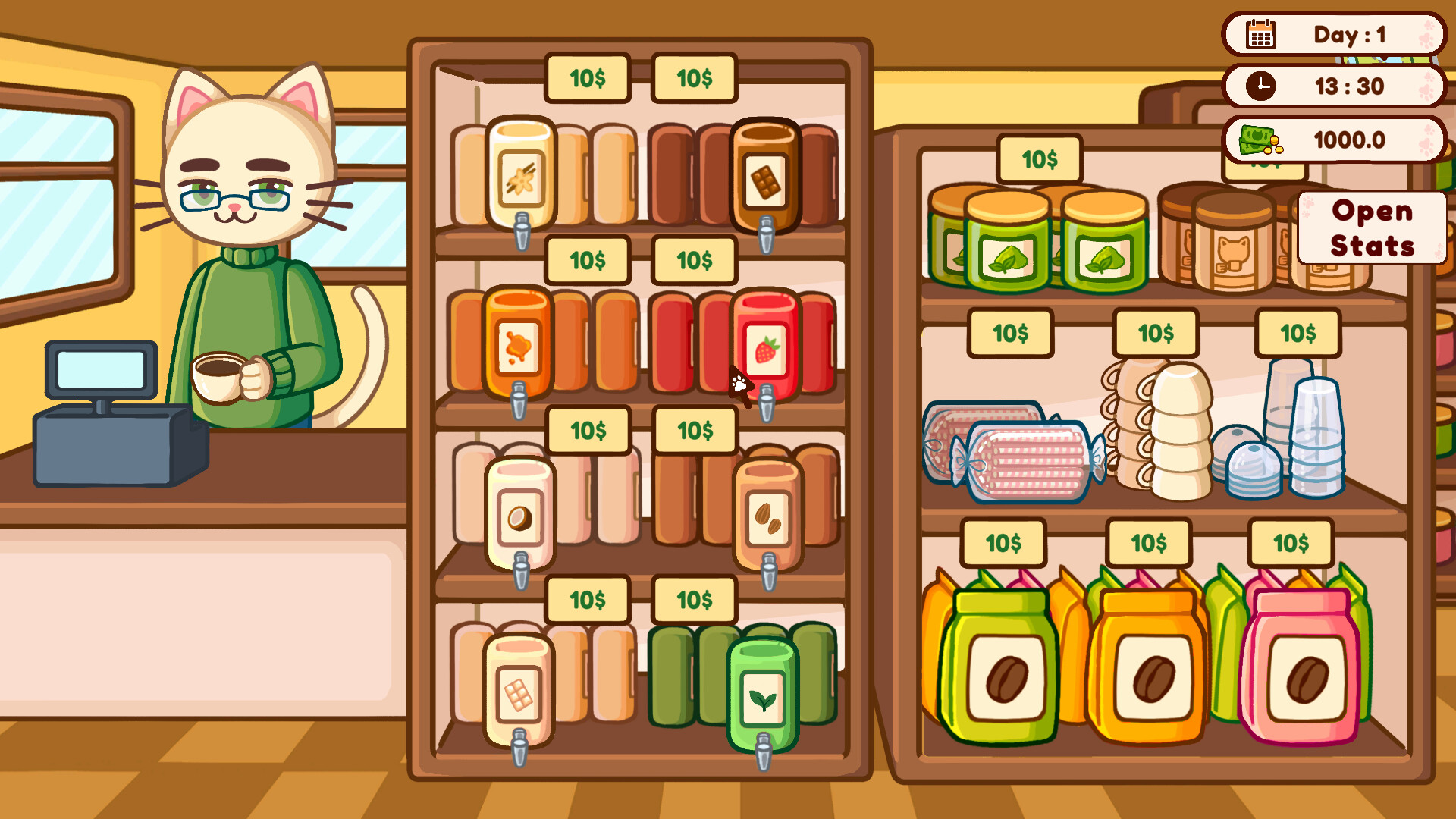 A cat shopkeeper stands at the register in front of shelves stocked with syrups, coffee beans and cups for purchase