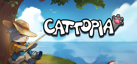 Cattopia key art showing a cat character in a straw hat fishing beside a tree, with the game's logo overlaid on a blue sky and lake